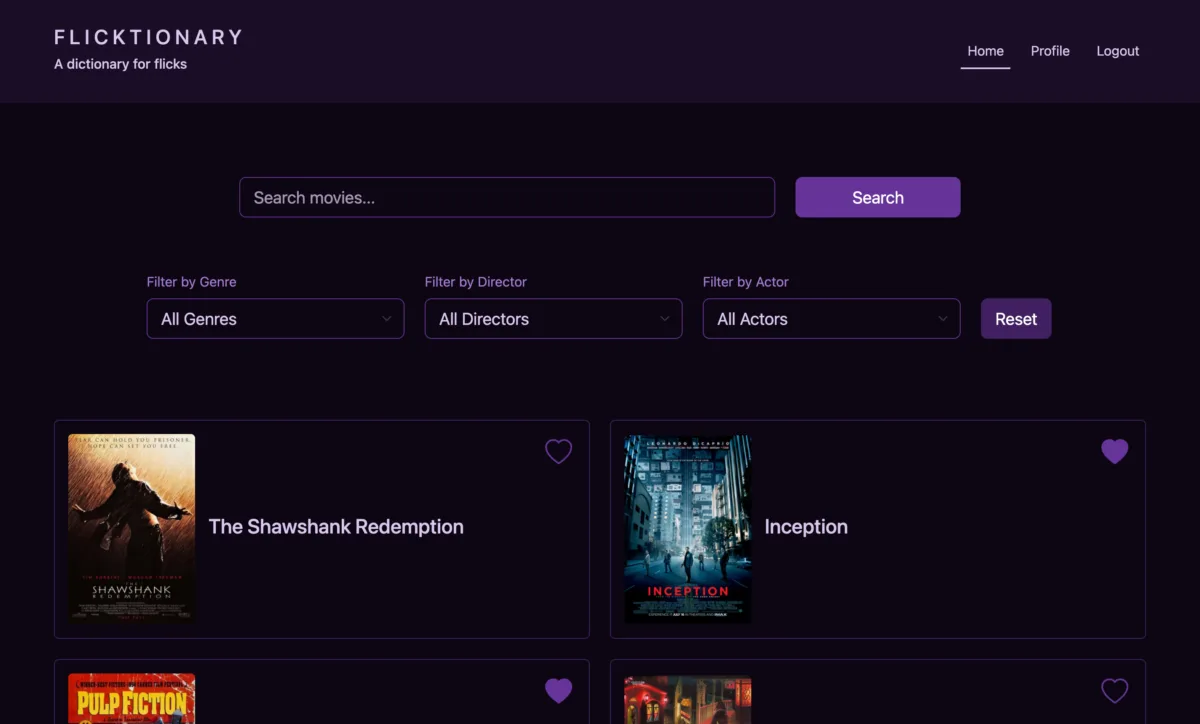 Flicktionary React Client - Home screen with movies list