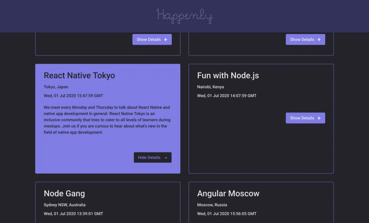 Happenly Progressive Web App - Event list detail