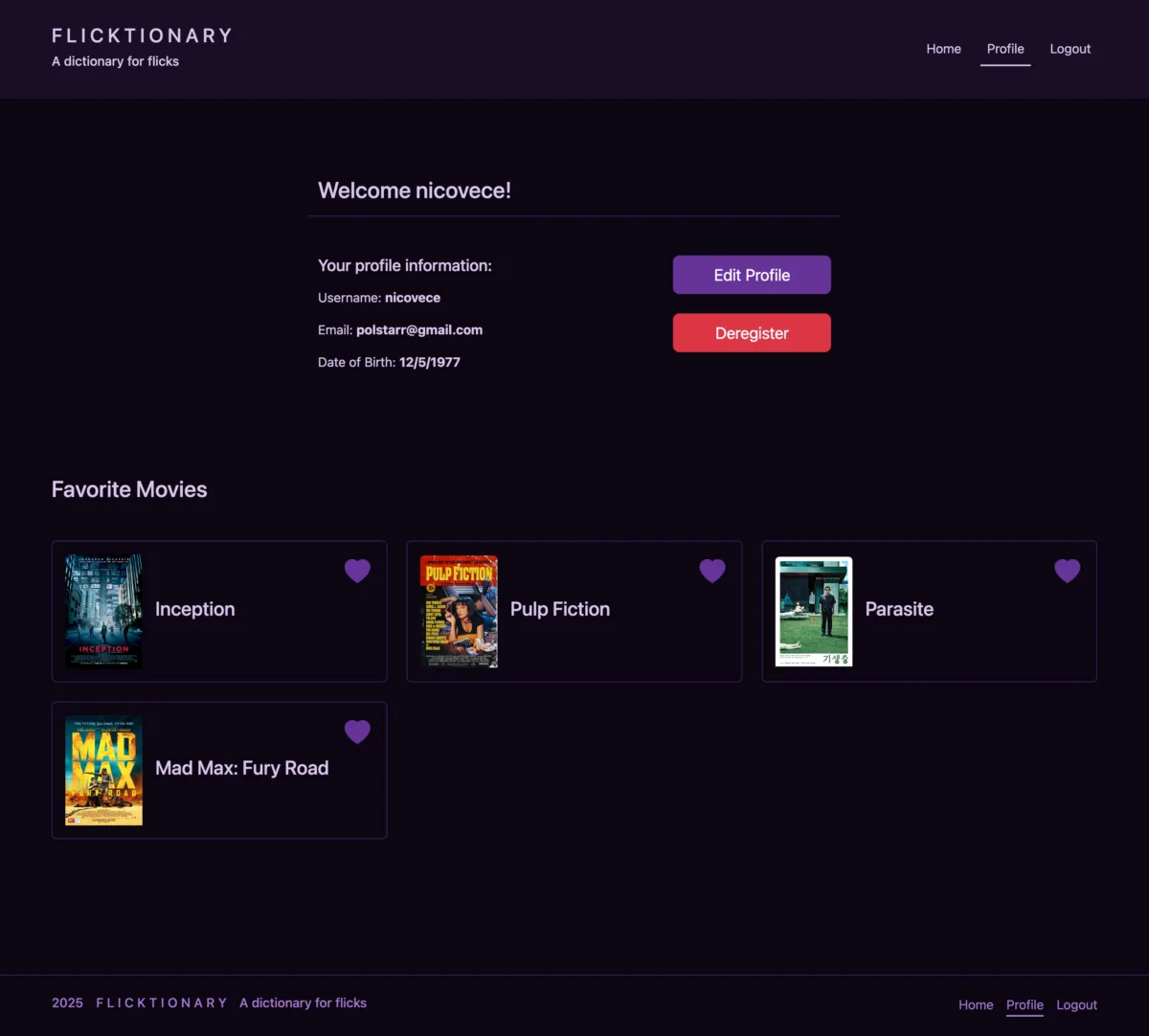 Flicktionary React Client - User profile